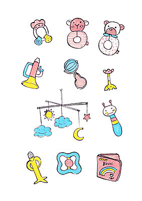 PSD 일러스트 수채화 사람없음 컬러풀 장난감 아기용품 칫솔 번짐 딸랑이 모빌 국내일러스트 컬러 위생용품 오브젝트 파일형식 효과