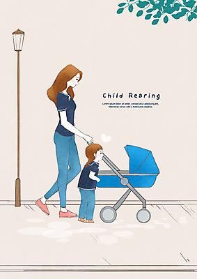 전신 PSD 여자 딸 길 가로등 일러스트 모녀 엄마 사람 성인 두명 걷기 육아 나뭇가지 아기 유모차 육아라이프 국내일러스트 나무 라이프스타일 공공시설 가족 모션 아기용품 파일형식