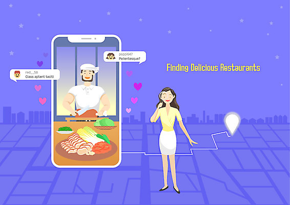 전신 접시 여자 남자 별 말풍선 일러스트 돋보기 도마 사람 상반신 성인 두명 스마트폰 보라색 요리사 하트 칼 자르기 검색 위치 족발 약도 맛집 찾기 성인만 국내일러스트 AI파일 자연요소 모양 직업 식기 컬러 지도 모션 주방용품 돼지고기 핸드폰 스마트기기 파일형식 벡터