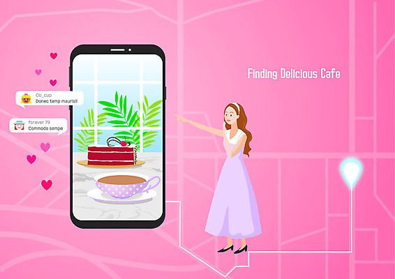 전신 여자 커피 분홍색 일러스트 한명 사람 성인 스마트폰 케이크 카페 가리킴 조각케이크 커피잔 검색 위치 약도 맛집 성인여자한명만 국내일러스트 AI파일 1 음료 컬러 지도 디저트 잔 손짓 핸드폰 스마트기기 상점 여자한명만 성인여자만 파일형식 벡터