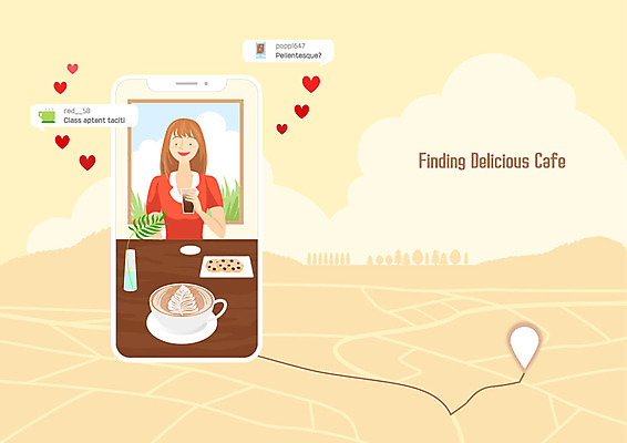 여자 커피 음료 일러스트 한명 미소 사람 상반신 성인 스마트폰 노란색 쿠키 카페 하트 차 검색 위치 약도 맛집 성인여자한명만 국내일러스트 AI파일 모양 1 컬러 지도 디저트 표정 핸드폰 스마트기기 상점 여자한명만 성인여자만 파일형식 벡터