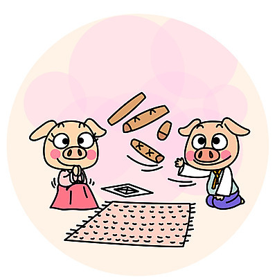 캐릭터 명절 두마리 일러스트 새해 사람없음 전통놀이 돼지 윷놀이 한복 즐거움 돼지캐릭터 국내일러스트 일러캐릭터 AI파일 한국전통 전통 기념일 감정 동물캐릭터 2 포유류 놀이 전통의상 파일형식 벡터