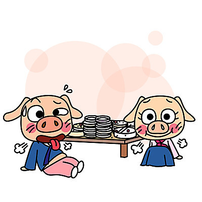 캐릭터 명절 음식 두마리 일러스트 새해 앉기 사람없음 설날 돼지 한복 밥상 돼지캐릭터 폭식 빈그릇 포만감 힘듦 국내일러스트 일러캐릭터 AI파일 한국전통 전통 그릇 기념일 동물캐릭터 컨셉 2 포유류 모션 탁자 전통의상 파일형식 벡터