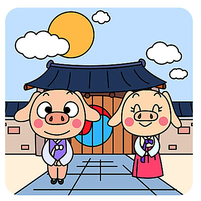 구름 캐릭터 전통 명절 두마리 일러스트 새해 한옥 기와집 미소 사람없음 설날 태양 인사 돼지 한복 대문 돼지캐릭터 반가움 국내일러스트 일러캐릭터 AI파일 자연요소 한국전통 기념일 감정 동물캐릭터 고건축 2 포유류 표정 문 예절 전통의상 파일형식 벡터