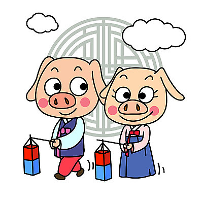 캐릭터 명절 두마리 일러스트 새해 미소 들기 사람없음 설날 전통문양 돼지 한복 청사초롱 돼지캐릭터 반가움 국내일러스트 일러캐릭터 AI파일 한국전통 전통 문양 기념일 감정 동물캐릭터 2 포유류 모션 표정 전통의상 초롱 파일형식 벡터