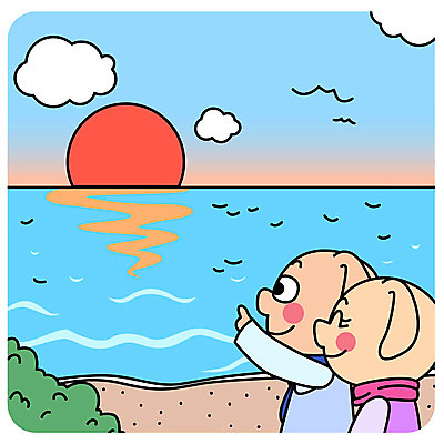 캐릭터 응시 명절 바다 두마리 일러스트 새해 해변 사람없음 설날 태양 일출 가리킴 돼지 한복 돼지캐릭터 반가움 해돋이축제 국내일러스트 일러캐릭터 AI파일 자연요소 한국전통 전통 시선 기념일 감정 동물캐릭터 2 포유류 손짓 노을 축제 전통의상 파일형식 벡터