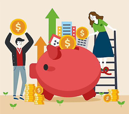 전신 여자 남자 화살표 돈 일러스트 사다리 주택 들기 사람 성인 두명 건물 컬러풀 동전 저축 돼지저금통 상승 돈더미 세금 연말정산 소득공제 금융의날 국내일러스트 AI파일 건축물 컬러 컨셉 모션 금융 경제 저금통 도구 재산 파일형식 벡터 더미 법정기념일