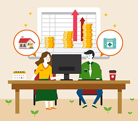 전신 여자 남자 커피 돈 일러스트 그래프 주택 미소 사람 앉기 성인 두명 컴퓨터 컬러풀 달력 돈다발 통장 상승 금화 돈더미 세금 의료비 연말정산 소득공제 국내일러스트 AI파일 음료 컬러 컨셉 모션 표정 건물 금융 경제 전자제품 재산 황금 파일형식 벡터 더미 비용