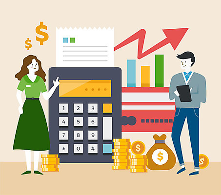 전신 여자 남자 화살표 돈 일러스트 사람 성인 두명 컬러풀 달러 계산기 기록 신용카드 재산 돈다발 문서 상승 금화 영수증 세금 연말정산 소득공제 국내일러스트 AI파일 컬러 컨셉 문구용품 금융 경제 장비 황금 파일형식 벡터