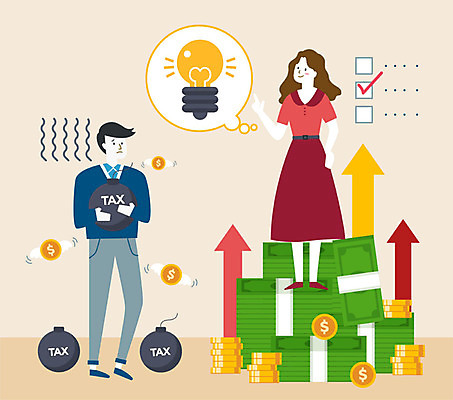 전신 여자 남자 화살표 지폐 일러스트 전구 아이디어 미소 들기 사람 성인 두명 돈다발 폭탄 상승 돈더미 세금 울상 연말정산 소득공제 국내일러스트 AI파일 컨셉 돈 모션 표정 경제 폭발물 파일형식 벡터 더미