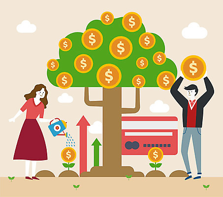 전신 나무 여자 남자 화살표 돈 일러스트 들기 사람 성인 두명 컬러풀 새싹 달러 물뿌리개 신용카드 물주기 상승 세금 연말정산 소득공제 국내일러스트 AI파일 식물 컬러 컨셉 모션 금융 경제 재산 파일형식 벡터