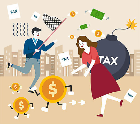 전신 여자 남자 지폐 돈 일러스트 사람 성인 두명 달러 찡그림 폭탄 채집망 세금 울상 연말정산 소득공제 국내일러스트 AI파일 표정 경제 재산 폭발물 파일형식 벡터