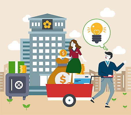 전신 여자 남자 돈 일러스트 전구 아이디어 미소 사람 성인 두명 건물 컬러풀 수레 신용카드 돈자루 재산 돈다발 통장 금고 돈더미 세금 연말정산 소득공제 국내일러스트 AI파일 건축물 컬러 컨셉 표정 금융 경제 카트 파일형식 벡터 더미