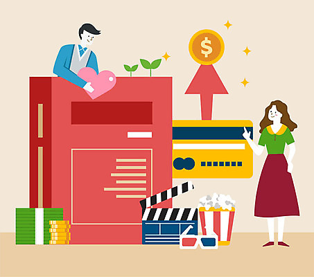 전신 응시 여자 남자 화살표 문화 돈 일러스트 미소 들기 사람 상반신 성인 두명 책 컬러풀 달러 하트 가리킴 신용카드 클래퍼보드 영화 상승 팝콘 3D안경 세금 영화감상 연말정산 소득공제 국내일러스트 AI파일 모양 시선 안경 컬러 컨셉 모션 문화예술 표정 손짓 금융 경제 감상 재산 파일형식 벡터