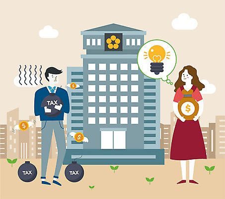 전신 여자 남자 돈 일러스트 전구 아이디어 서기 미소 들기 사람 성인 두명 건물 컬러풀 달러 돈다발 폭탄 세금 울상 연말정산 소득공제 국내일러스트 AI파일 건축물 컬러 컨셉 모션 표정 경제 재산 폭발물 파일형식 벡터