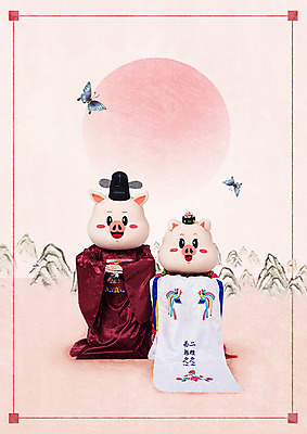 전신 PSD 편집이미지 전통 부부 커플 여자 남자 분홍색 나비 근하신년 새해 산 수묵화 사람 20대 성인 두명 앞모습 설날 한국인 새해인사 달 돼지띠 돼지 절 한복 전통혼례 돼지캐릭터 혼례복 동물탈 인형탈 성인만 기해년 이미지편집 자연요소 한국전통 명절 뷰포인트 컬러 동물캐릭터 곤충 포유류 관계 미술 동양인 청년 십이지신 인사 전통의상 전통의례 탈 파일형식 2019년