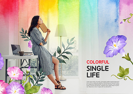 전신 PSD 편집이미지 우먼라이프 여자 꽃 전등 한명 들기 사람 20대 성인 옆모습 책 기댐 봄 한국인 화려 책상 나팔꽃 무지개색 싱글라이프 성인여자한명만 이미지편집 식물 1 라이프스타일 계절 뷰포인트 가구 컨셉 모션 조명 동양인 청년 컬러풀 여자한명만 성인여자만 파일형식