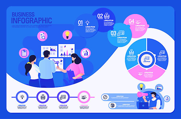 여자 남자 분홍색 일러스트 비즈니스 전구 회의 그래프 대화 설명 사람 여러명 상반신 성인 파란색 노트북 사무실 확성기 인포그래픽 모임 직장인 발표 프레젠테이션 회의실 문서 타임라인 성인만 국내일러스트 AI파일 직업 컬러 다수 모션 말하기 전자제품 파일형식 벡터