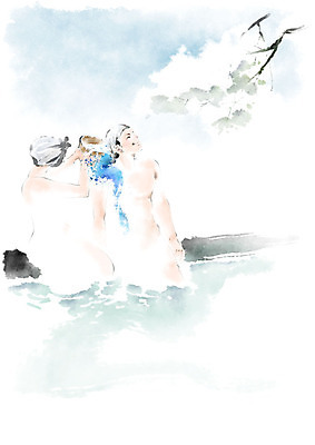 PSD 커플 여자 남자 여유 일러스트 캘리그라피 붓터치 휴식 수채화 따뜻함 수묵화 미소 사람 상반신 성인 두명 온천 나뭇가지 붓기 힐링 노천탕 성인만 국내일러스트 나무 감정 컨셉 관계 모션 표정 미술 스파 파일형식