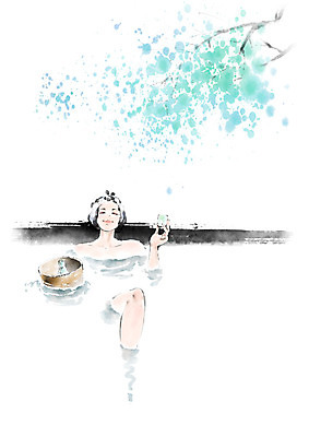 PSD 나무 여자 여유 일러스트 캘리그라피 붓터치 휴식 수채화 수묵화 한명 미소 사람 상반신 성인 온천 힐링 바가지 노천탕 성인여자한명만 국내일러스트 식물 1 감정 컨셉 표정 미술 스파 여자한명만 성인여자만 파일형식