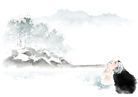 PSD 나무 여자 여유 일러스트 캘리그라피 붓터치 휴식 수채화 산 수묵화 한명 미소 사람 풍경 상반신 성인 온천 힐링 성인여자한명만 국내일러스트 식물 1 감정 컨셉 표정 미술 스파 여자한명만 성인여자만 파일형식