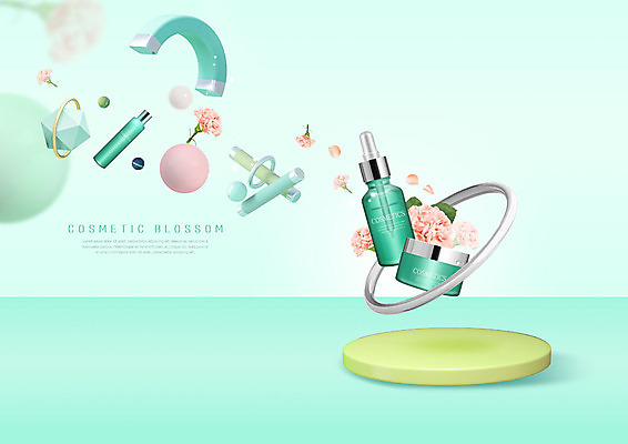 PSD 편집이미지 꽃 사람없음 초록색 쇼핑 세일 화장품 원형 고리 크림 입체도형 세럼 이미지편집 도형 식물 컬러 뷰티 입체 파일형식