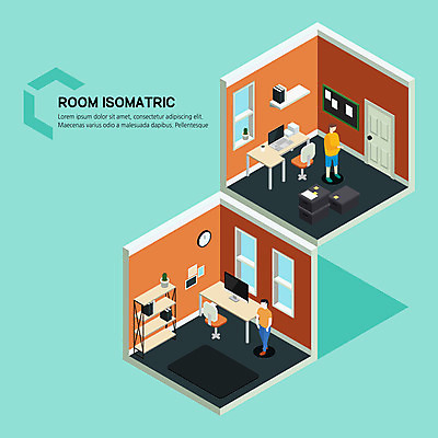 전신 남자 의자 일러스트 책장 사람 성인 두명 컴퓨터 방 작업실 서재 책상 공부방 아이소메트릭 국내일러스트 AI파일 가구 전자제품 파일형식 벡터