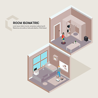 전신 여자 남자 일러스트 창문 탁자 사람 성인 두명 책 침실 방 침대 장롱 아이소메트릭 국내일러스트 AI파일 가구 파일형식 벡터
