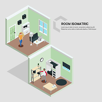 전신 남자 시계 일러스트 책장 선반 사람 성인 두명 컴퓨터 소파 방 침대 아이소메트릭 국내일러스트 AI파일 가구 의자 전자제품 파일형식 벡터