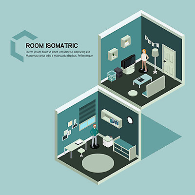 전신 여자 남자 가구 의자 일러스트 탁자 전등 책장 사람 성인 두명 소파 텔레비전 카펫 방 책상 아이소메트릭 국내일러스트 AI파일 생활용품 조명 전자제품 파일형식 벡터