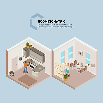 전신 여자 남자 화분 의자 일러스트 식탁 전등 선반 사람 성인 두명 케이크 주방 방 오븐 싱크대 아이소메트릭 국내일러스트 AI파일 가구 탁자 디저트 조명 가전제품 개수대 파일형식 벡터