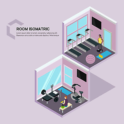 전신 여자 남자 일러스트 사람 상반신 성인 두명 운동복 자전거 운동기구 아령 헬스장 방 매트 짐볼 런닝머신 아이소메트릭 덤벨플라이 국내일러스트 AI파일 옷 운동 바이크 헬스 파일형식 벡터