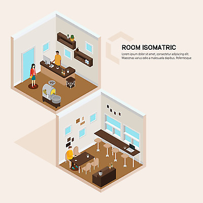 전신 여자 남자 커피 일러스트 탁자 사람 상반신 성인 세명 노트북 카페 방 원두 시럽 아이소메트릭 로스팅 로스팅기계 국내일러스트 AI파일 음료 가구 전자제품 상점 파일형식 벡터