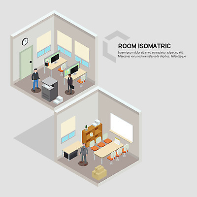 전신 남자 일러스트 회사 실내 사람 성인 세명 컴퓨터 사무실 방 인쇄기 책상 회의실 아이소메트릭 국내일러스트 AI파일 가구 비즈니스 내부 전자제품 파일형식 벡터