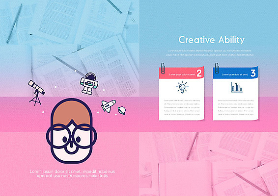 PSD 템플릿 표지디자인 북디자인 출판디자인 교육 내지 얼굴 리플렛 분홍색 하늘색 북커버 전구 그래프 미소 사람 팜플렛 신체부위 책 연필 망원경 로켓 여러권 클립 창의력 안경낌 이미지템플릿 안경 컬러 다수 학용품 표정 파란색 필기구 파일형식