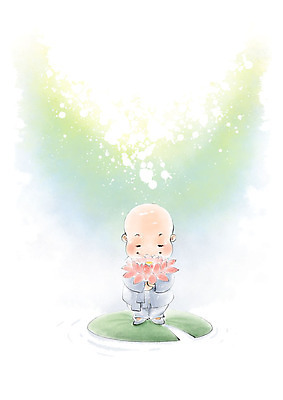 전신 PSD 남자 어린이 불교 일러스트 캘리그라피 연꽃 한명 미소 사람 초록색 빛 승려 연잎 동자승 소년한명만 국내일러스트 1 꽃 종교 컬러 잎 표정 성직자 남자한명만 소년만 파일형식