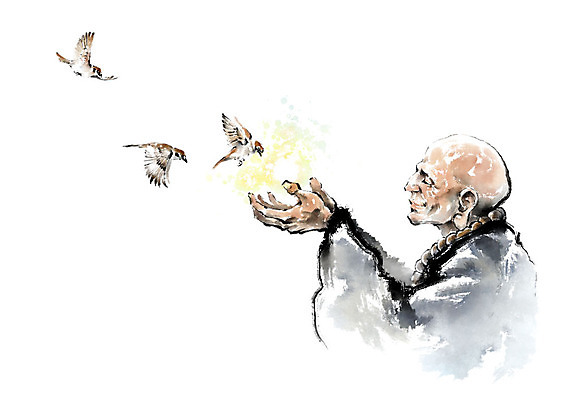 PSD 노년 남자 불교 일러스트 캘리그라피 흑백 세마리 한명 미소 사람 상반신 손들기 승려 참새 염주 승복 노인남자한명만 국내일러스트 1 종교 모션 조류 촬영기법 표정 3 성인 성직자 불교용품 남자한명만 노인남자만 파일형식