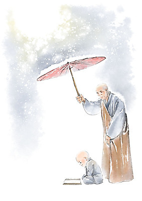 전신 PSD 남자 어린이 분홍색 불교 일러스트 우산 캘리그라피 밤하늘 서기 사람 성인 두명 책 독서 달 눈 승려 동자승 승복 남자만 국내일러스트 자연요소 종교 컬러 모션 하늘 날씨 야간 성직자 파일형식