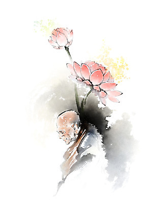 PSD 노년 남자 분홍색 불교 일러스트 캘리그라피 연꽃 한명 미소 사람 상반신 갈색 승려 승복 노인남자한명만 국내일러스트 1 꽃 종교 컬러 표정 성인 성직자 남자한명만 노인남자만 파일형식