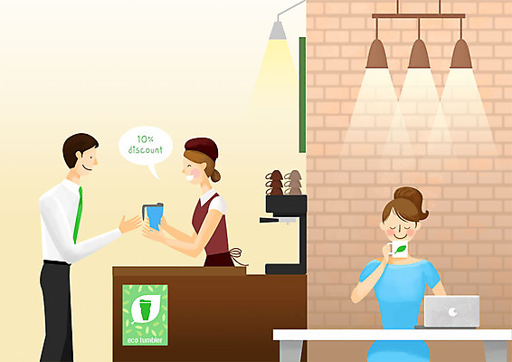 PSD 여자 남자 일러스트 전등 사람 앉기 상반신 성인 세명 노트북 쇼핑 자연보호 환경 그린캠페인 카페 머그컵 종업원 에코 친환경 에코라이프 텀블러 할인혜택 혜택 그린슈머 국내일러스트 직업 라이프스타일 캠페인 모션 자연 조명 컵 전자제품 세일 상점 보호 파일형식