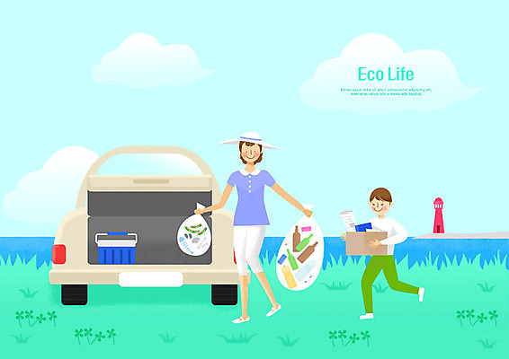 전신 PSD 여자 남자 아들 어린이 바다 일러스트 자동차 엄마 등대 사람 성인 해변 두명 자연보호 환경 그린캠페인 재활용 쓰레기 에코 에코라이프 그린슈머 국내일러스트 모자관계 라이프스타일 육상교통 캠페인 가족 자연 보호 친환경 파일형식