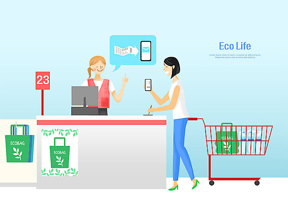 전신 PSD 여자 일러스트 미소 사람 상반신 성인 두명 스마트폰 환경 상점 쇼핑카 절약 종업원 영수증 에코라이프 에코백 캐셔 사인_서명 성인여자만 국내일러스트 직업 라이프스타일 컨셉 가방 표정 금융 핸드폰 스마트기기 쇼핑 카트 에코 서명 여자만 성인만 파일형식