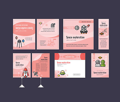 템플릿 배너템플릿 분홍색 여행 이벤트 사람없음 세트 우주 전시 행성 인공위성 로켓 탐험 외계인 현수막 전단 엽서 초대장 우주복 약도 소봉투 행사세트 행사템플릿 AI파일 배너 옷 컬러 지도 통신 편지봉투 카드_감사 미확인물체 편지 홍보물 파일형식 벡터