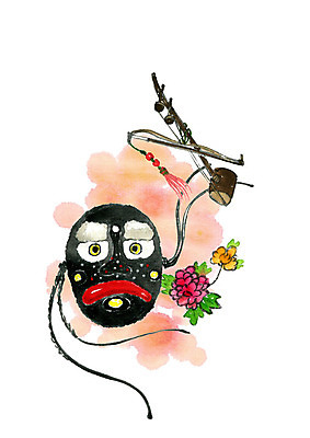 PSD 한국문화 한국전통 꽃 일러스트 캘리그라피 붓터치 수채화 국악기 수묵화 사람없음 전통탈 해금 고전악기 국내일러스트 식물 동양문화 전통 악기 현악기 한국 국악 미술 탈 파일형식