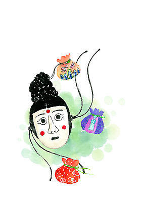 PSD 한국문화 한국전통 일러스트 캘리그라피 붓터치 수채화 복주머니 수묵화 사람없음 전통탈 환영 국내일러스트 동양문화 전통 전통소품 한국 미술 탈 파일형식