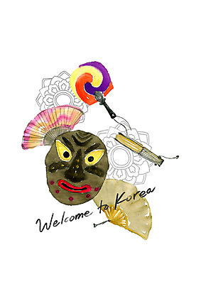 PSD 한국문화 한국전통 일러스트 캘리그라피 붓터치 수채화 수묵화 사람없음 전통문양 부채 탈 전통탈 환영 전통부채 국내일러스트 동양문화 전통 문양 한국 가면 미술 파일형식