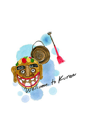 PSD 한국문화 한국전통 일러스트 캘리그라피 붓터치 수채화 국악기 수묵화 사람없음 전통탈 환영 징 국내일러스트 동양문화 전통 악기 타악기 한국 국악 미술 탈 파일형식