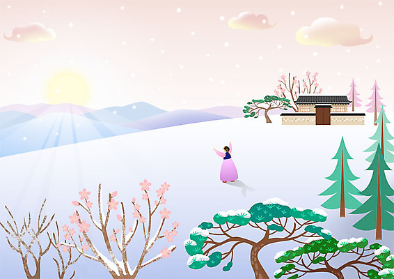 전신 PSD 나무 여자 분홍색 겨울 일러스트 팔벌리기 새해 한옥 한명 사람 성인 야외 컬러풀 일출 눈 결심 한복 언덕 즐거움 시작 힐링 환영 반가움 성인여자한명만 국내일러스트 자연요소 식물 1 한국전통 계절 감정 컬러 컨셉 고건축 모션 날씨 노을 전통의상 여자한명만 성인여자만 파일형식