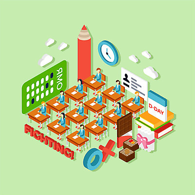 전신 학생 여자 교육 남자 교복 시계 일러스트 교실 청소년 사람 앉기 여러명 책 초콜릿 파이팅 수능 책상 수험표 빨간펜 아이소메트릭 OMR카드 시험장 책더미 국내일러스트 AI파일 옷 가구 다수 학교 모션 디저트 펜 시험 답안지 무더기 파일형식 벡터