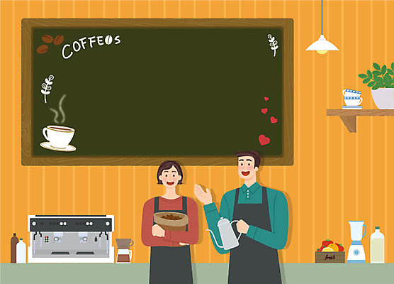여자 남자 화분 커피 일러스트 주전자 프레임 대화 미소 사람 상반신 성인 두명 칠판 앞치마 카페 원두 커피잔 알림 바리스타 모집 아르바이트 구인 채용공고 최저임금 비정규직 국내일러스트 AI파일 직업 음료 비즈니스 주방용품 잔 표정 말하기 경제 상점 채용 파일형식 벡터